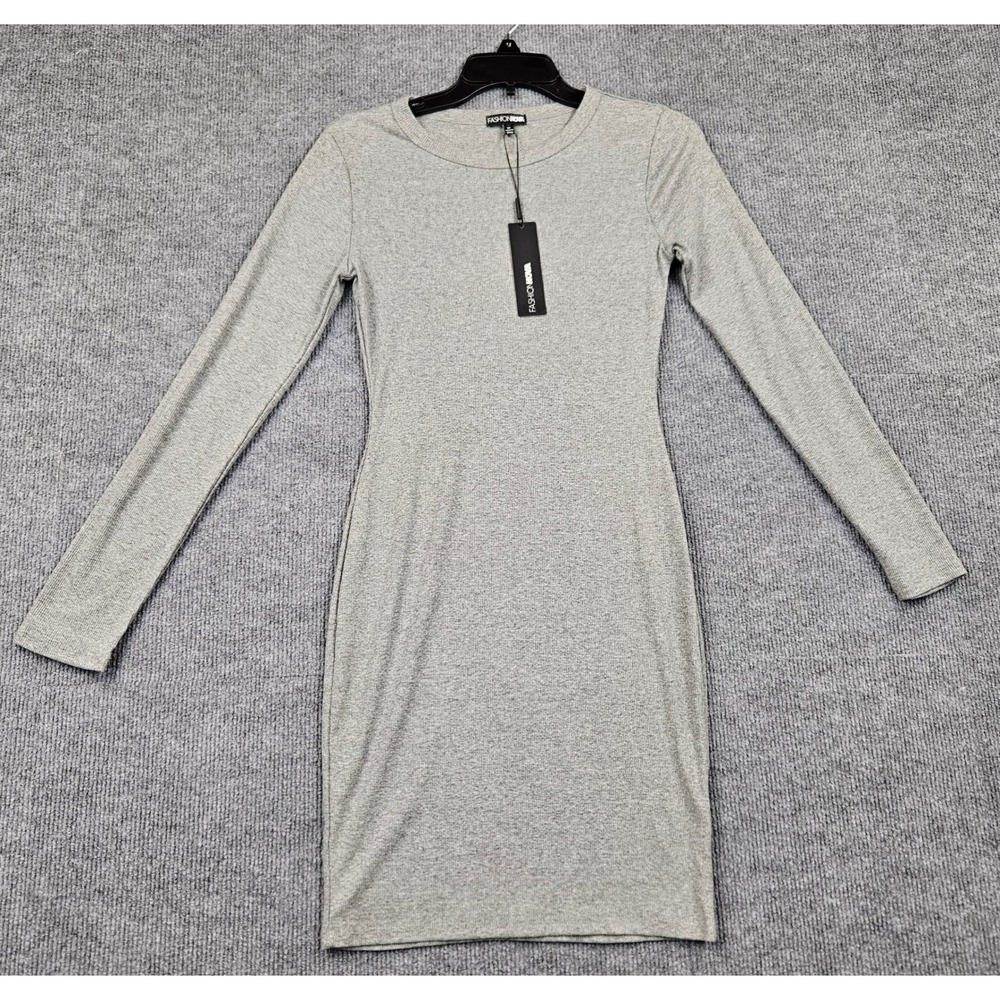 Fashion Nova Gray Ribbed Knit Long Sleeve Bodycon Mini Dress M Minimalist